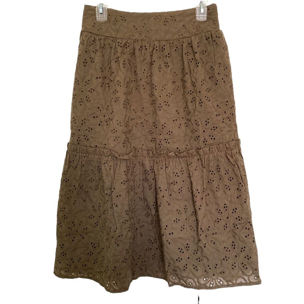 Roolee Olive Green Eyelet Tiered Midi Skirt Elastic Back Lace Cottagecore Size S